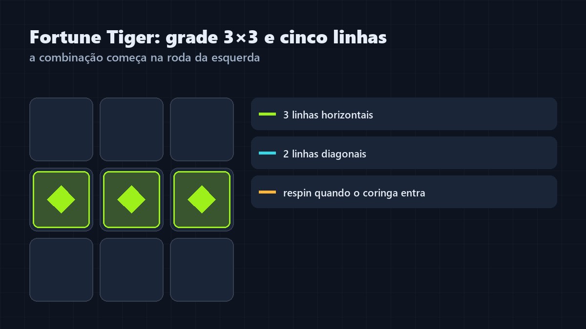 Esquema da grade 3×3 do Fortune Tiger com as cinco linhas de pagamento marcadas e a indicação do respin do coringa