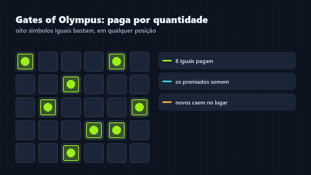 Esquema da grade de seis rodas do Gates of Olympus com oito símbolos iguais espalhados em posições diferentes