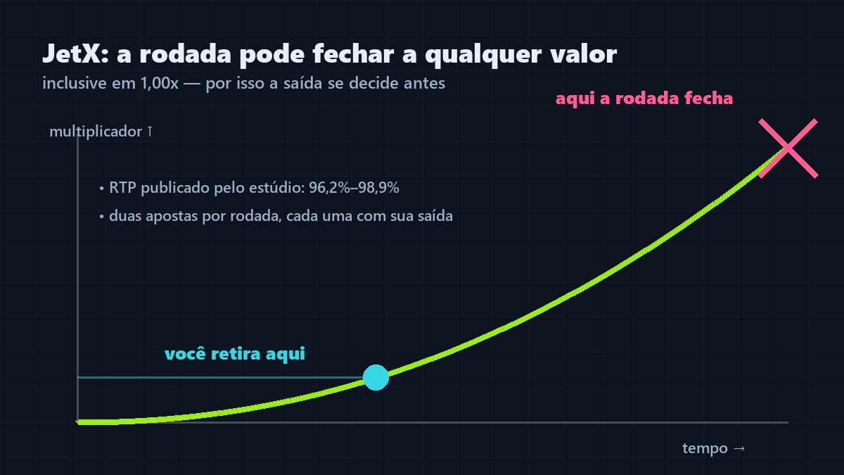 Esquema da rodada do JetX com a curva do multiplicador, o ponto de retirada e o fechamento precoce da rodada