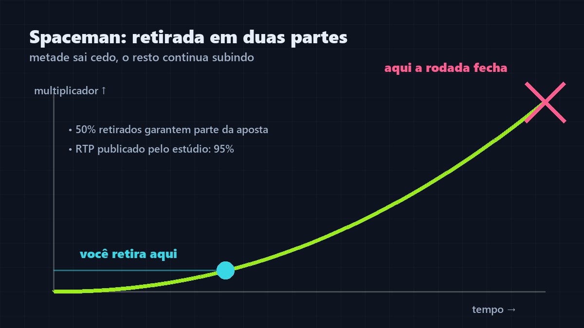 Esquema da rodada do Spaceman com a curva do multiplicador, o ponto de retirada de metade da aposta e o fechamento da rodada
